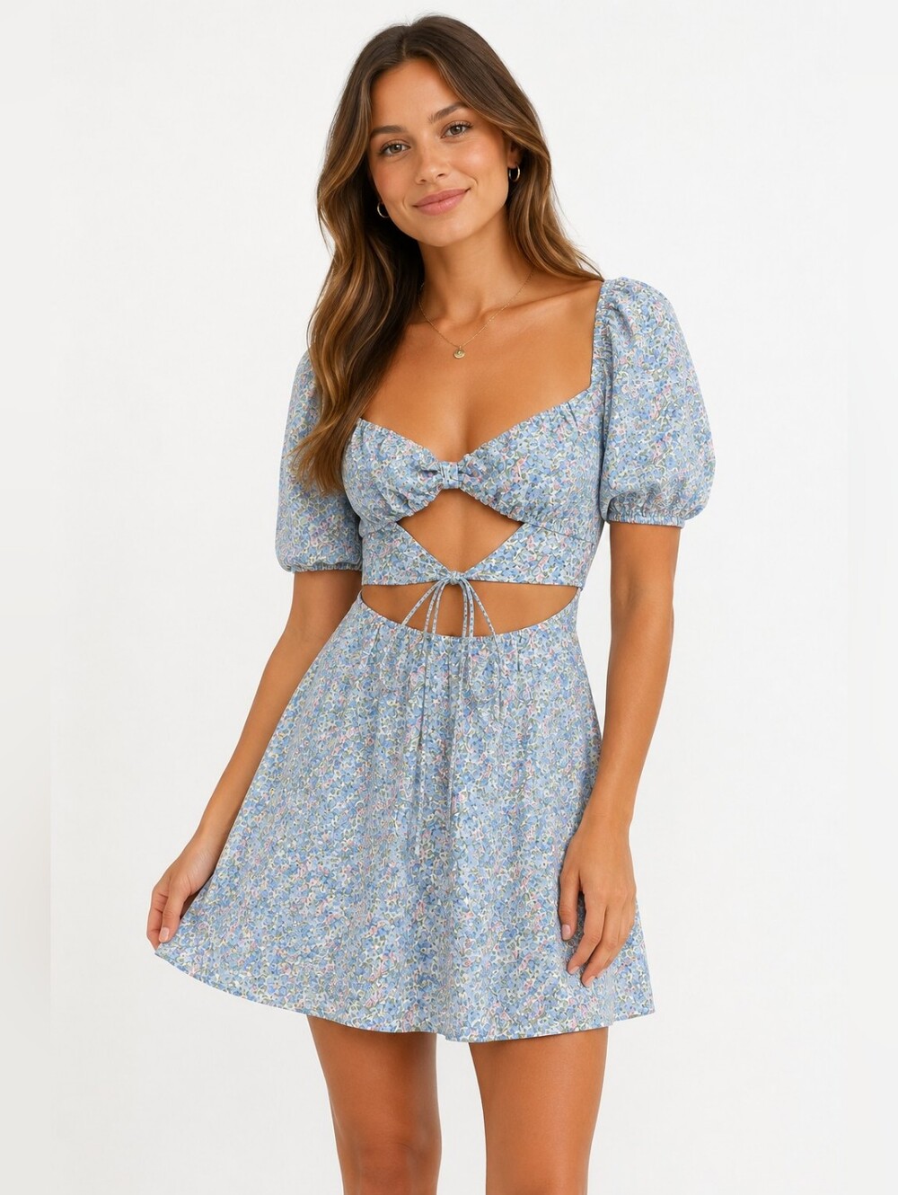 Smoky Park Blue Floral Cutout Mini Dress Puff Sleeve Cottagecore Size Small NWT